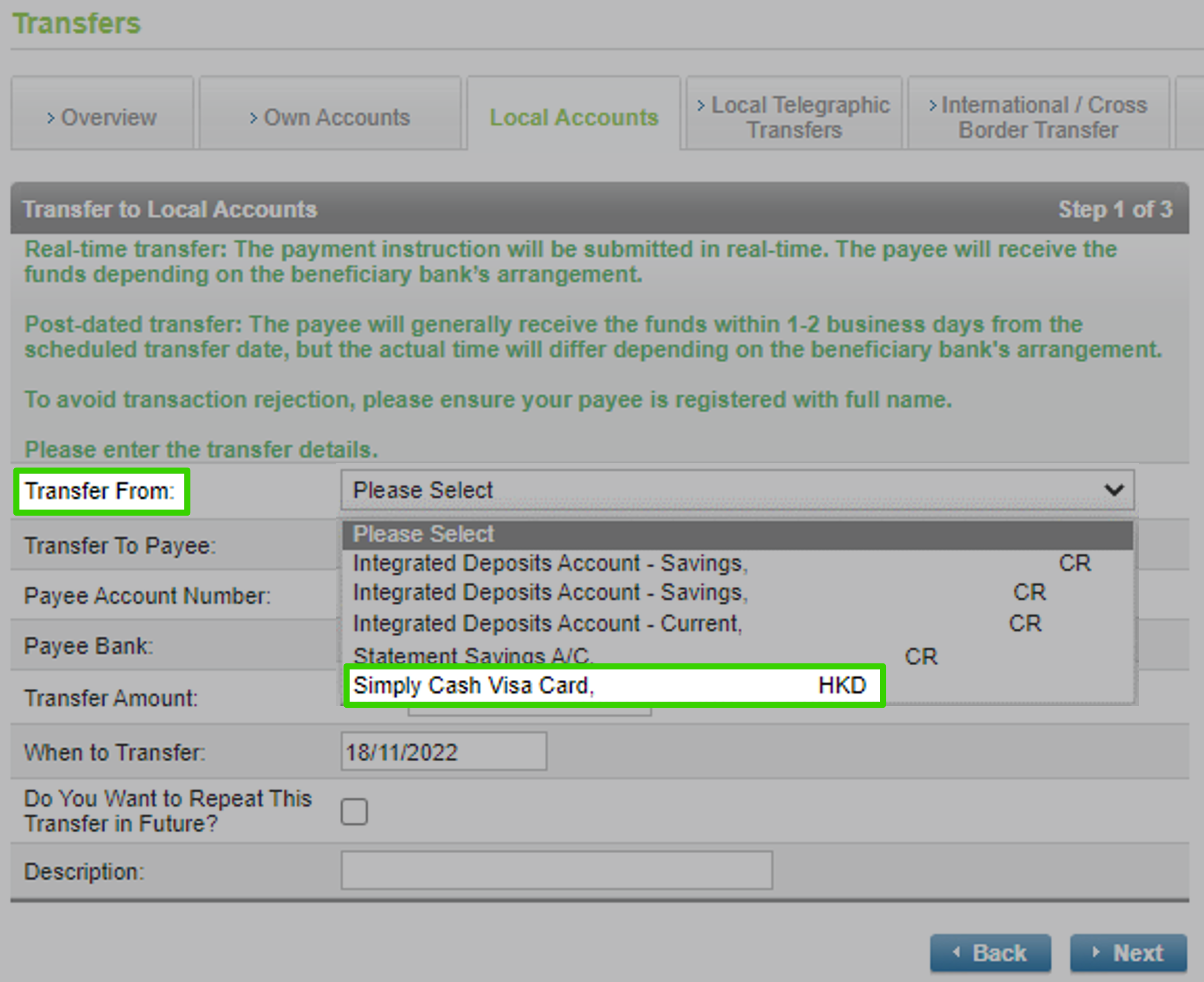 Transfer from credit card via Online Banking step 3