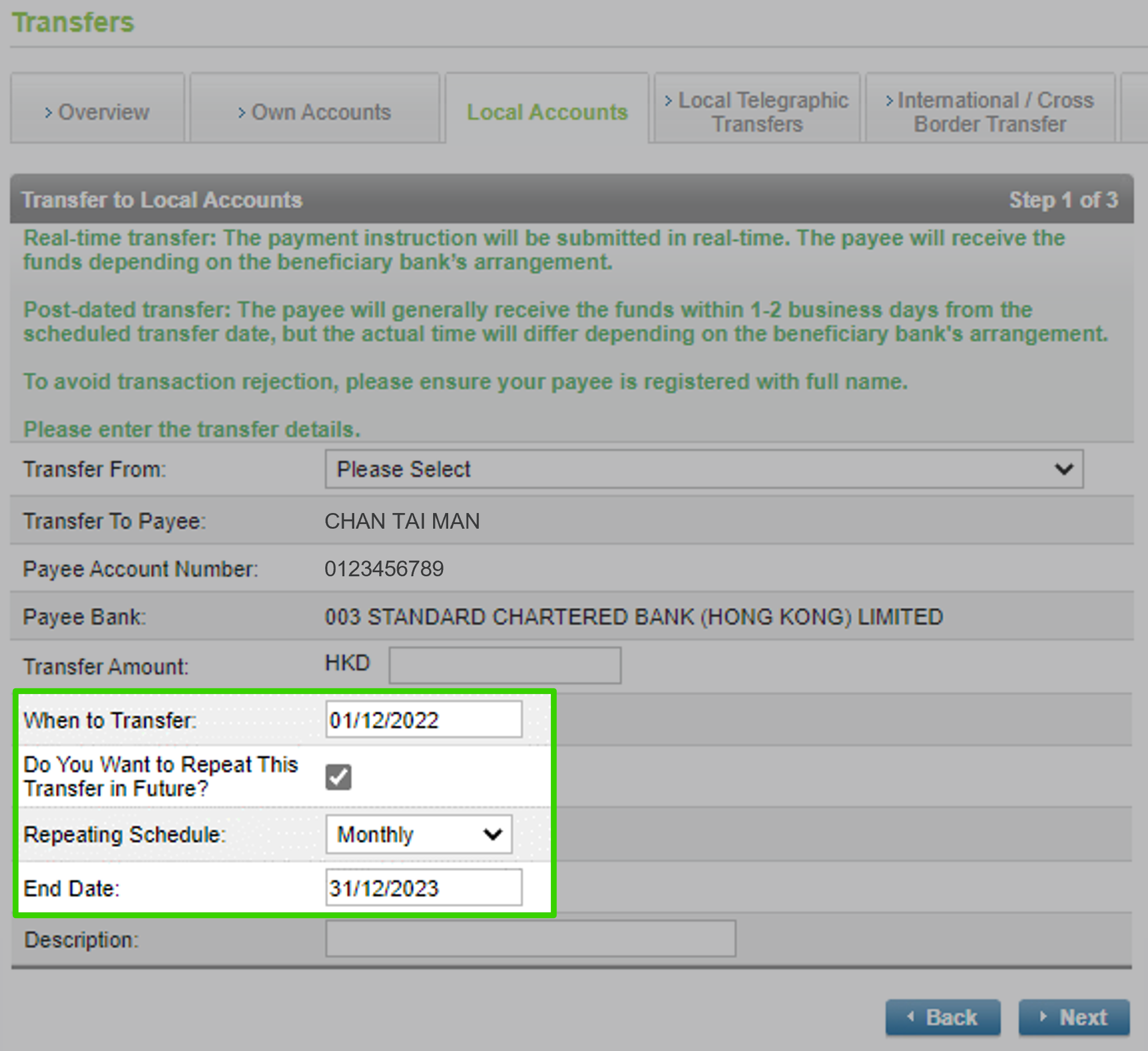 Transfer from credit card via Online Banking step 4