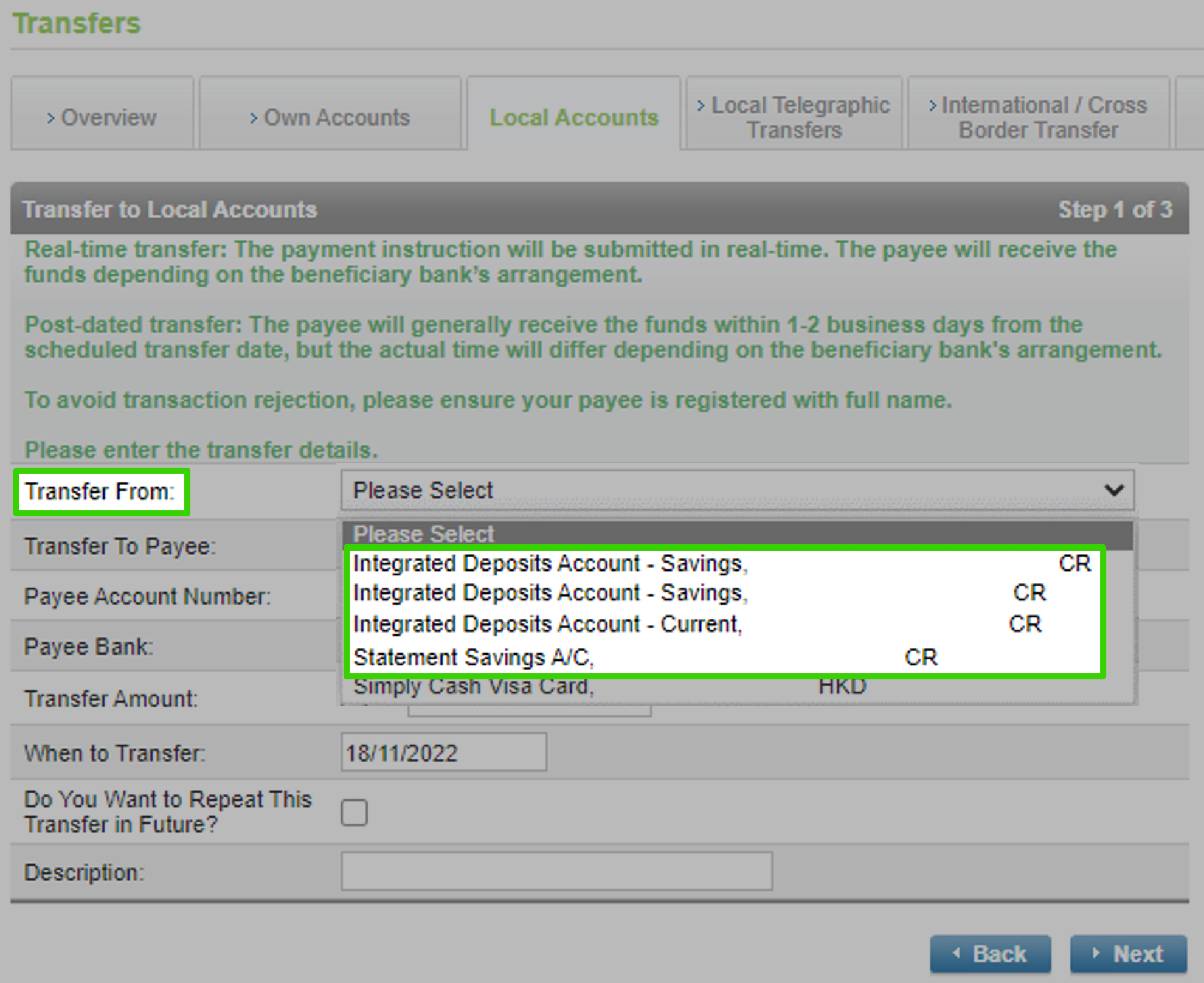 Transfer from current or savings account via Online Banking step 3