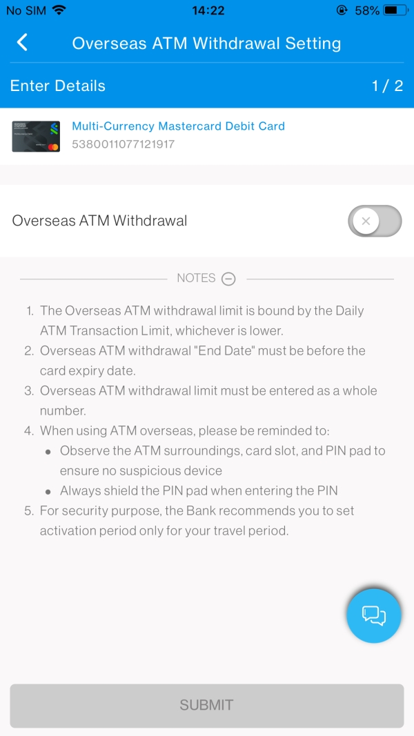 SC Mobile Manage overseas ATM withdrawal Step 2