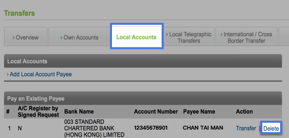 Manage payees and scheduled fund transfer instructions step 1