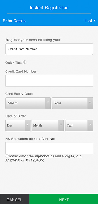 Register with Credit Card, Enter Credit Card Number, Expiry Date, Date of Birth and HKID number. 