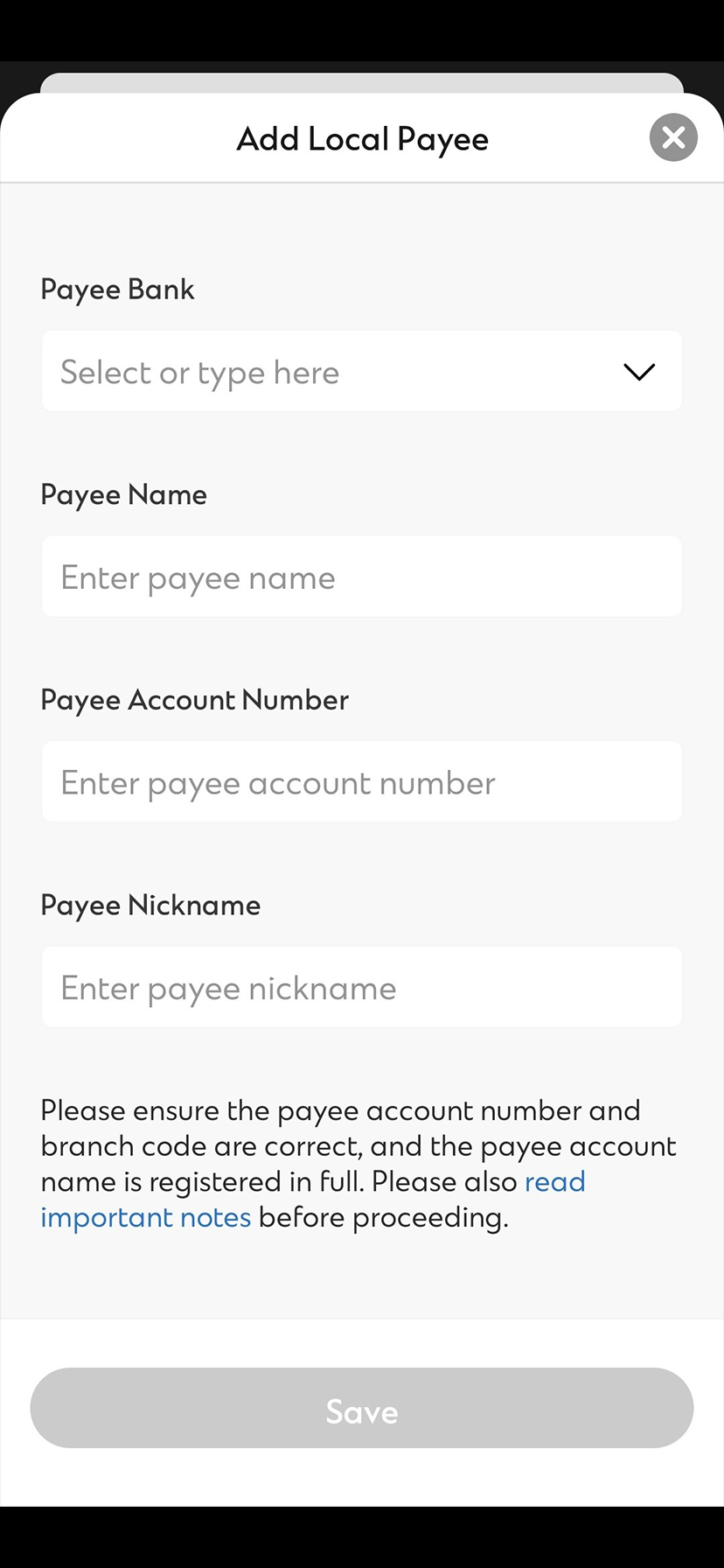 Add payee on SC Mobile App step 2