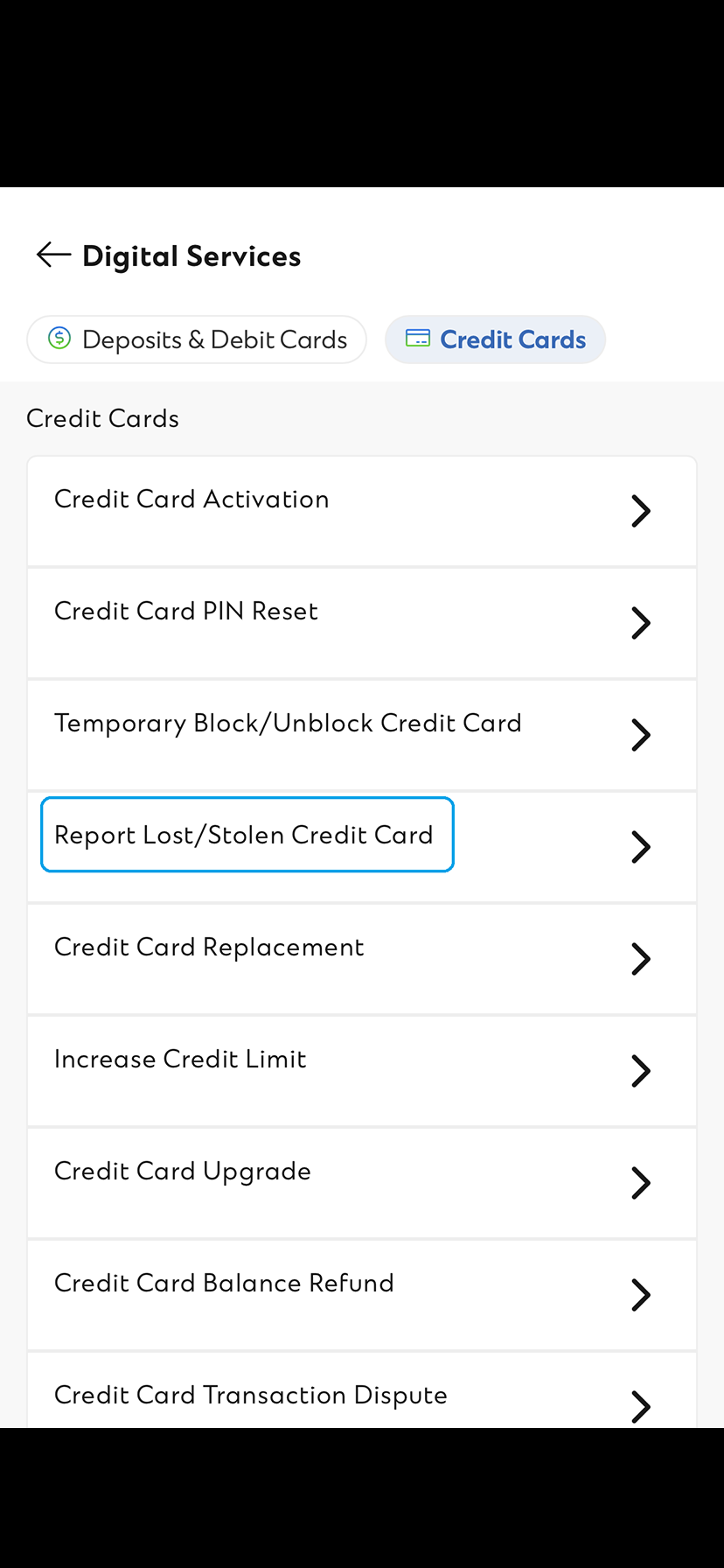 SC Mobile App Report Lost/Stolen Credit Card Step 2