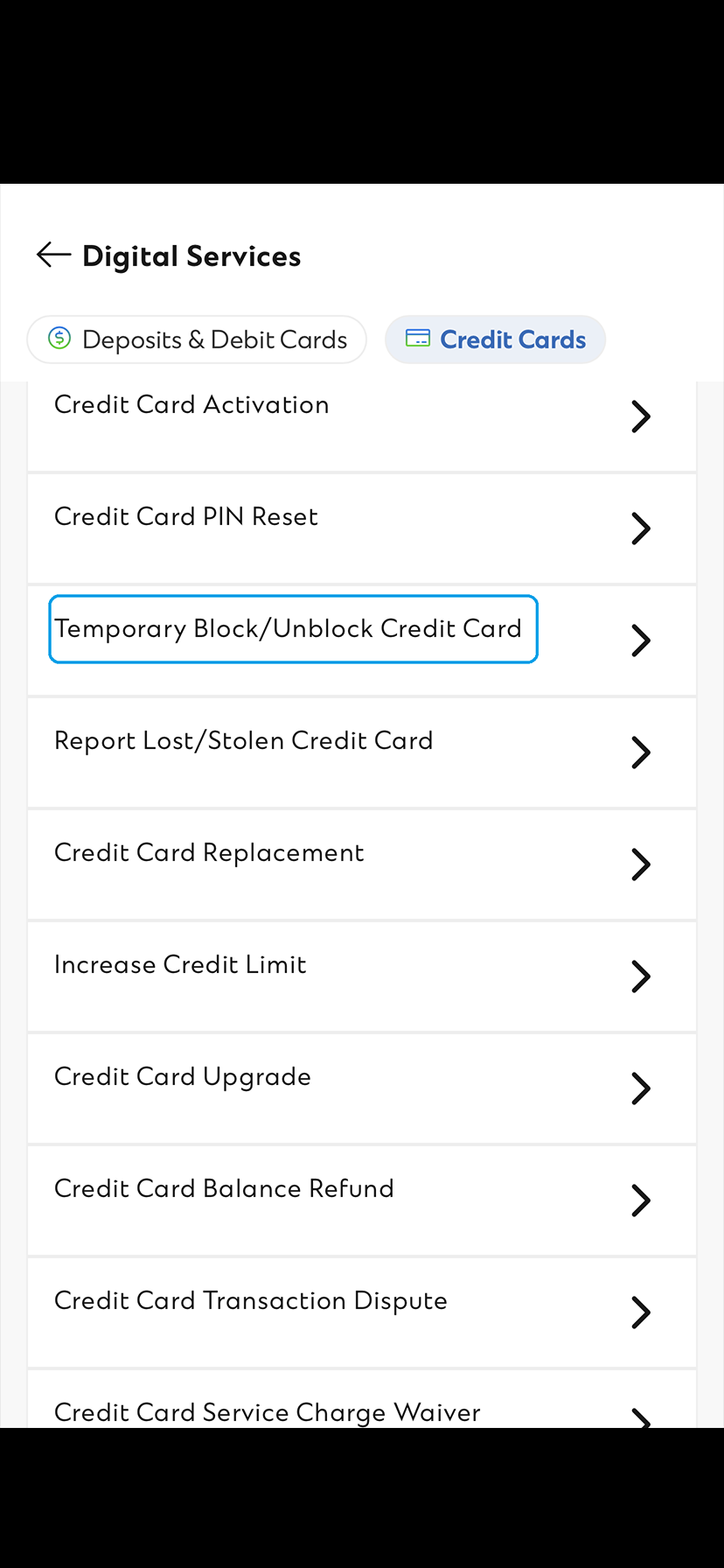 SC Mobile App Temporarily block/unblock card Step 2