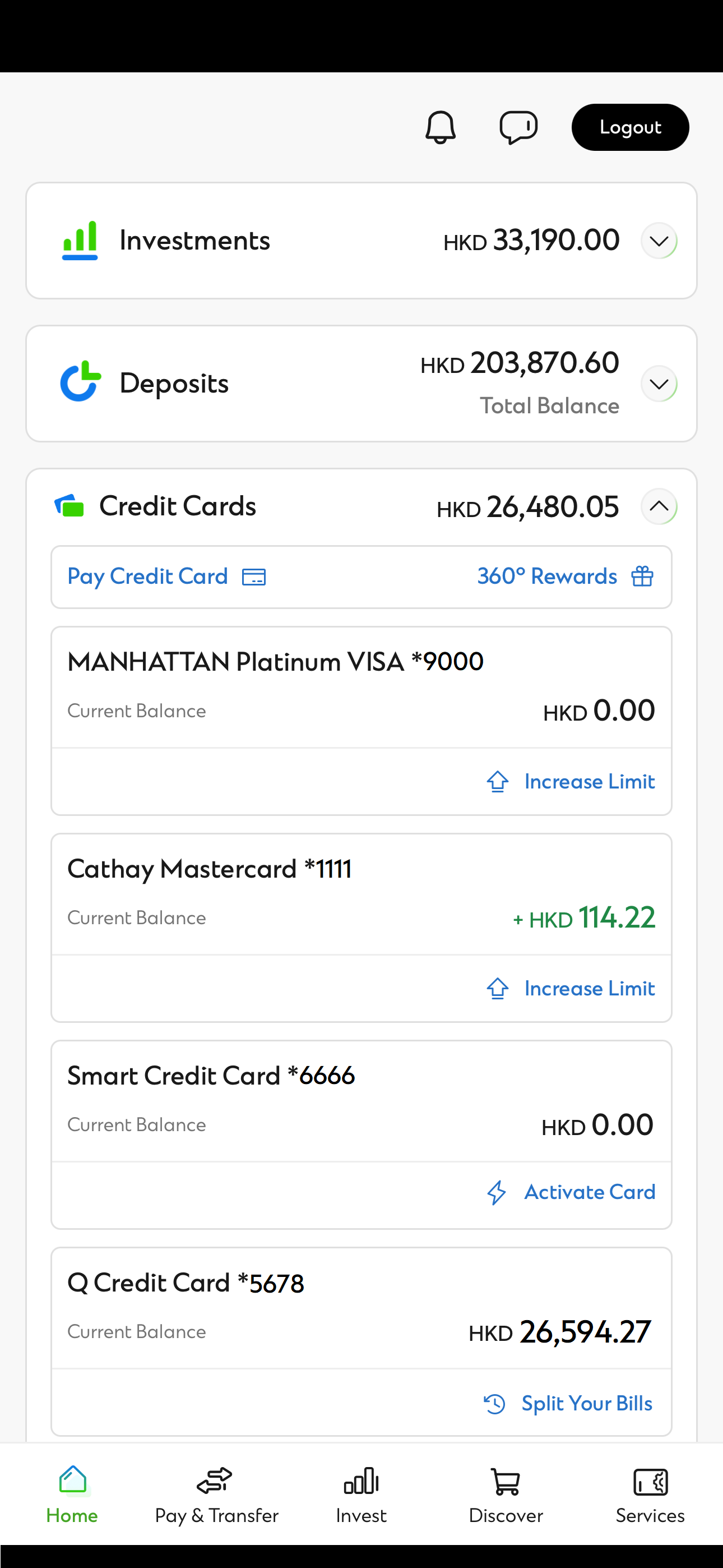 After login to SC Mobile, tap the credit card accounts you wish to view.