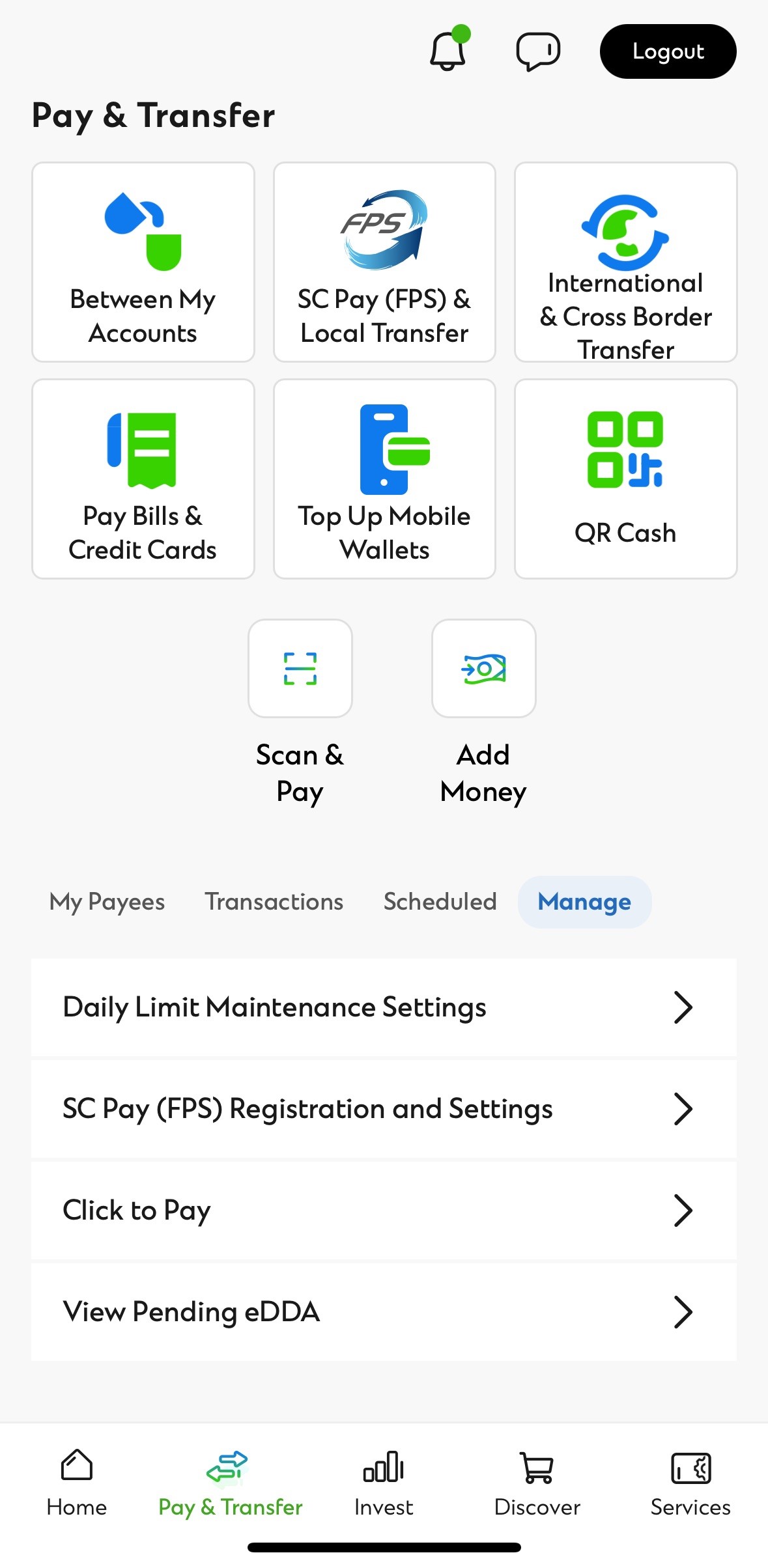 After login to SC Mobile App, go to ‘Pay & Transfer’ then select ‘Manage’ and ‘SC Pay (FPS) Registration and Settings’