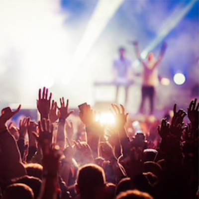 a live music festival with audiences raising their hands