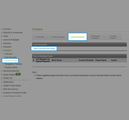 Adding payee account via Standard Chartered Online Banking - Step 1