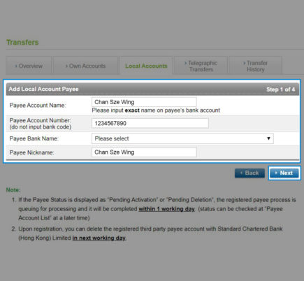 Adding payee account via Standard Chartered Online Banking - Step 2