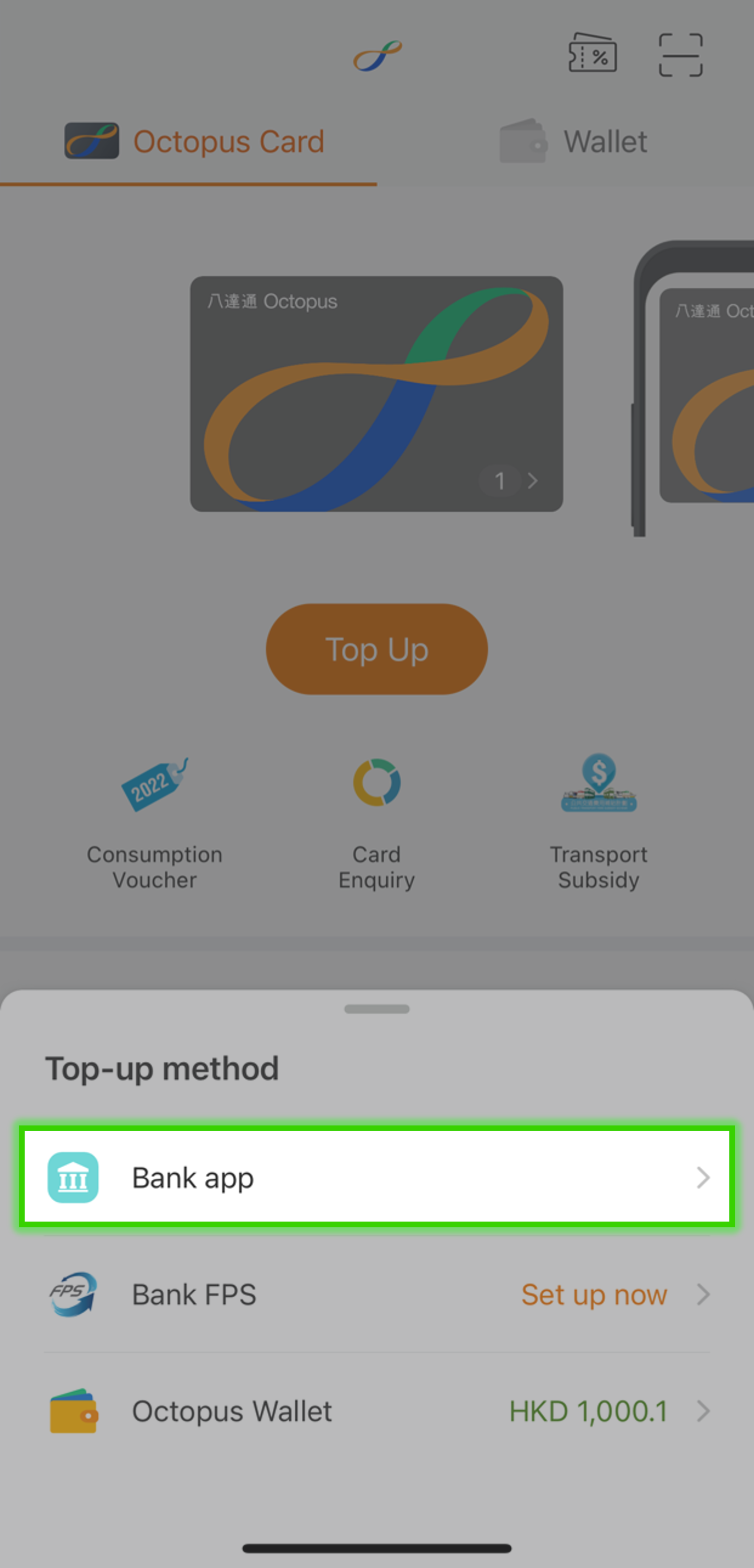 Register for SC Pay (FPS). In Octopus App, select ‘Top Up’ then ‘Bank app’