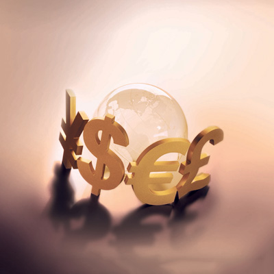 a crystal globe surrounded by various currency symbols