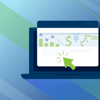 cartoon laptop on banking service webpage, a big green cursor