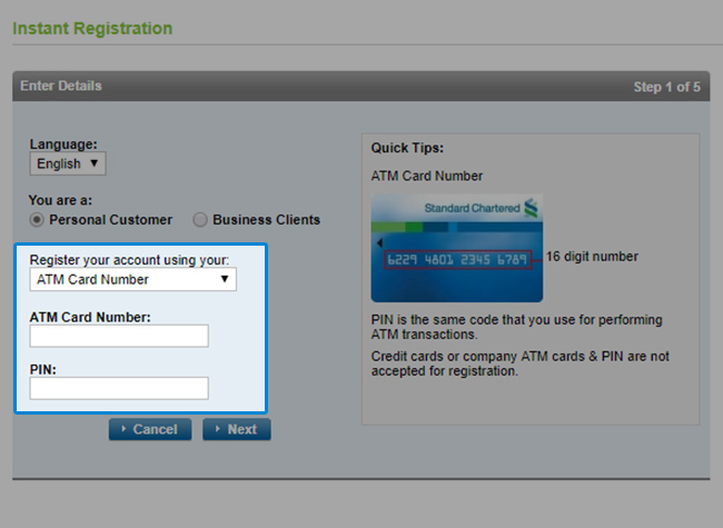 Standard Chartered Digital Banking Registration - Web Version Step 3 - Register with ATM Card