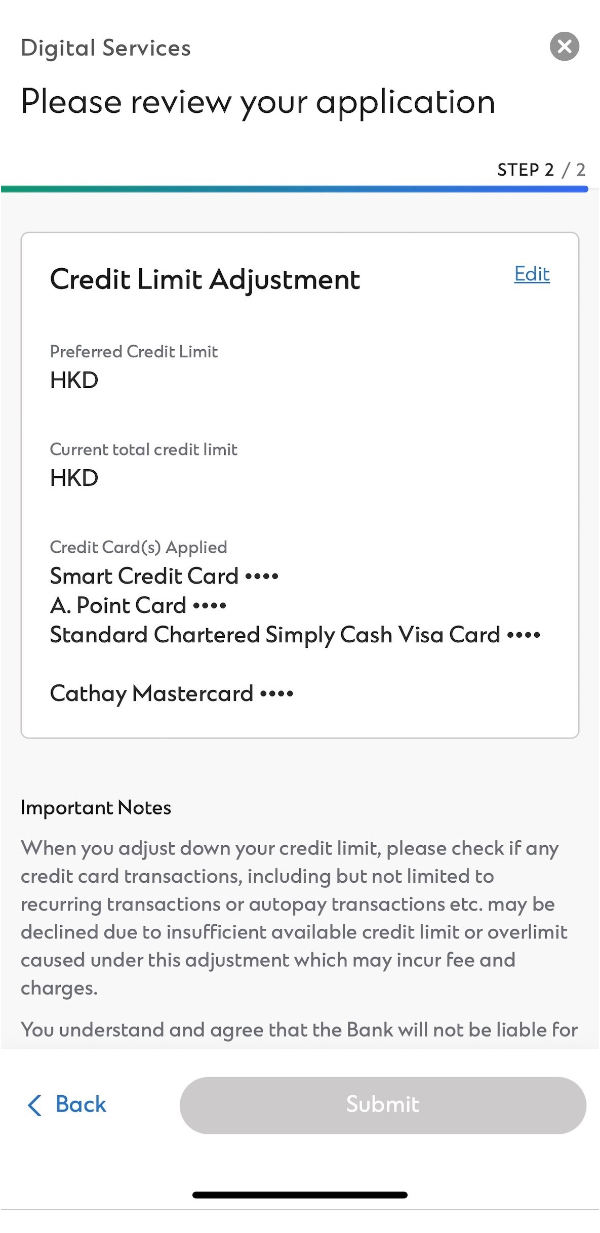 SC Mobile App Adjust Credit Limit Step 5