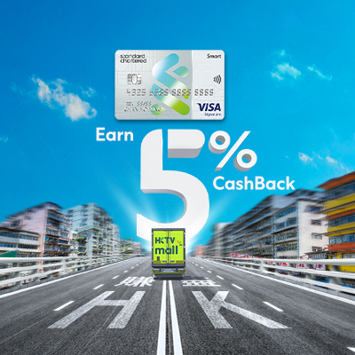 HKTV Mall Van with earn 5% CashBack slogan, promoting Standard Chartered Smart Card Cashback discount