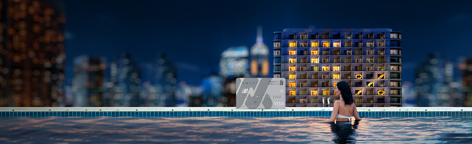 Smart card promotion for hotel staycation - lady swimming at infinity pool