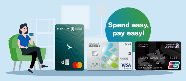 Pay smart, spend later and card face of SC Cathay Mastercard, Smart card and Dual Currency card