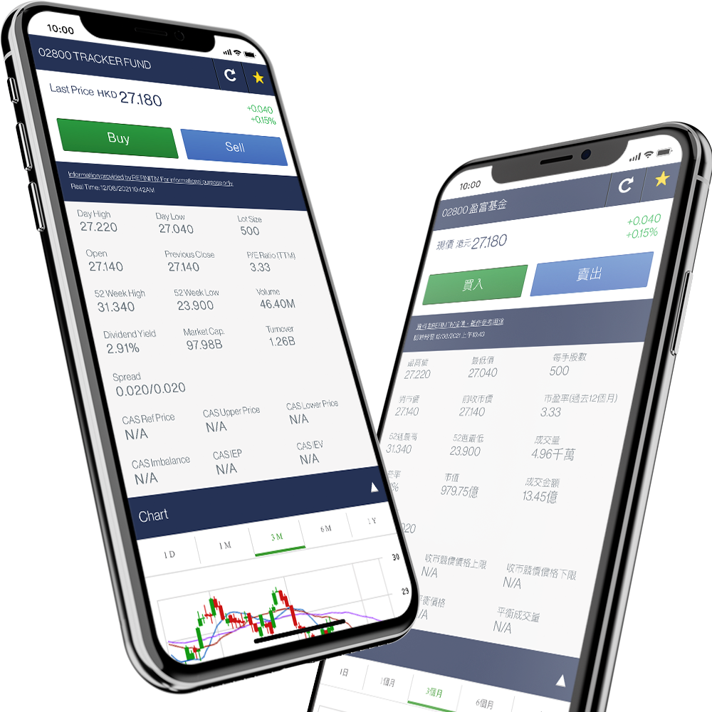 Phone screens showing online securities trading platform