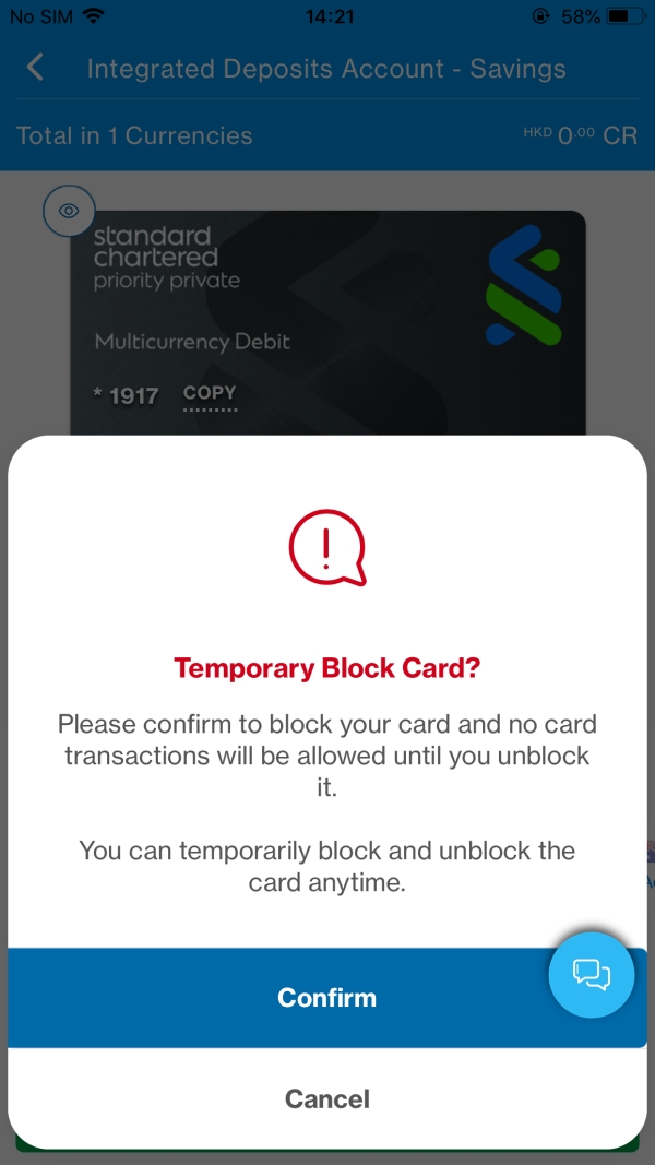 SC Mobile Temporary Block Card / Unblock Card Step 2