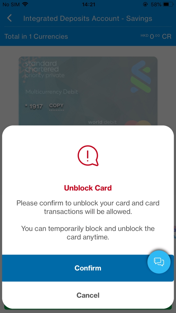 SC Mobile Temporary Block Card / Unblock Card Step 4