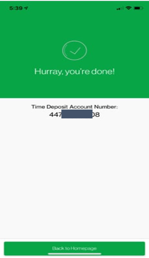 Screenshot of time deposit opening final step on SC Mobile