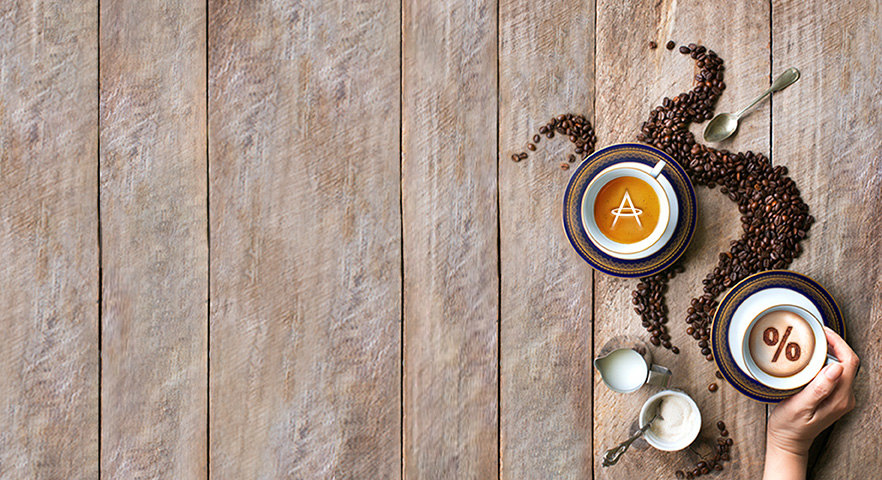 2 cup of coffee on a wooden table with Asia Miles logo and percentage symbol prints