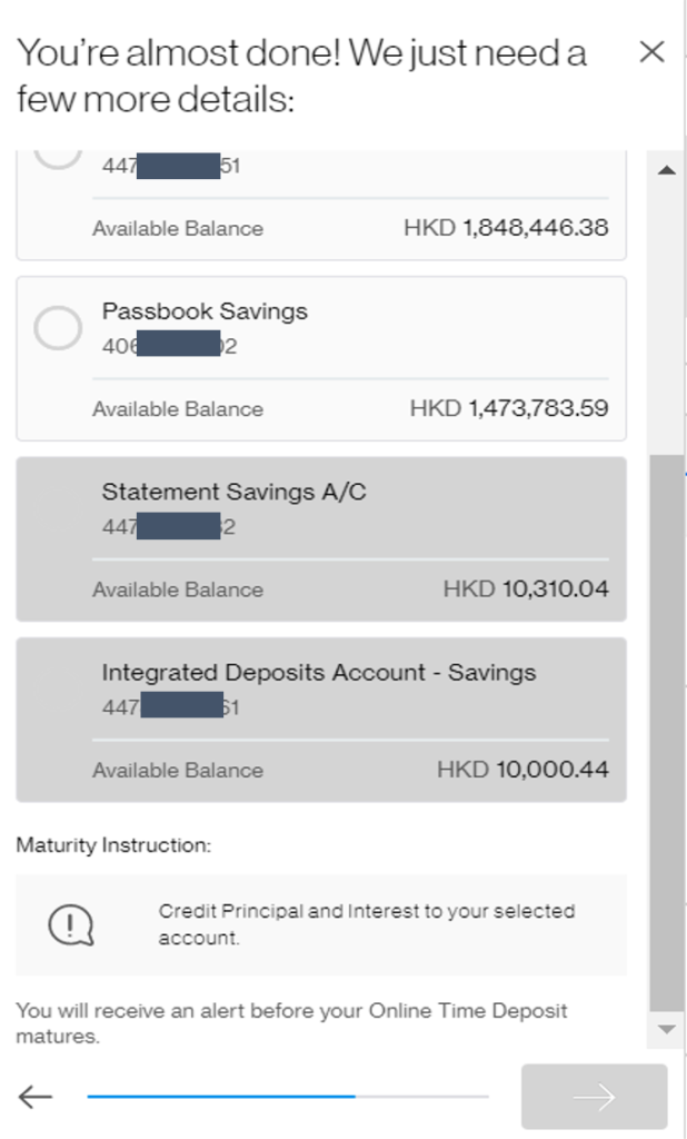 Screenshot of time deposit opening step 3 on SC Mobile
