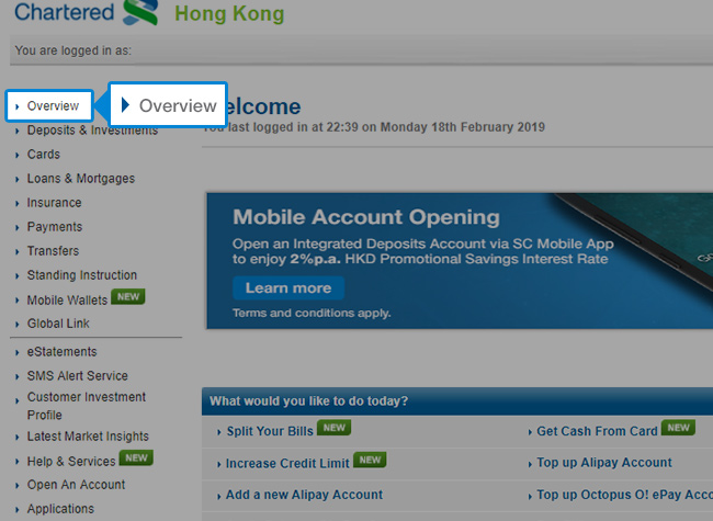 Click ‘Overview’ to check your accounts and credit cards balances.