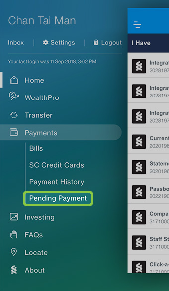 SC mobile side menu, click payment then Pending Payment