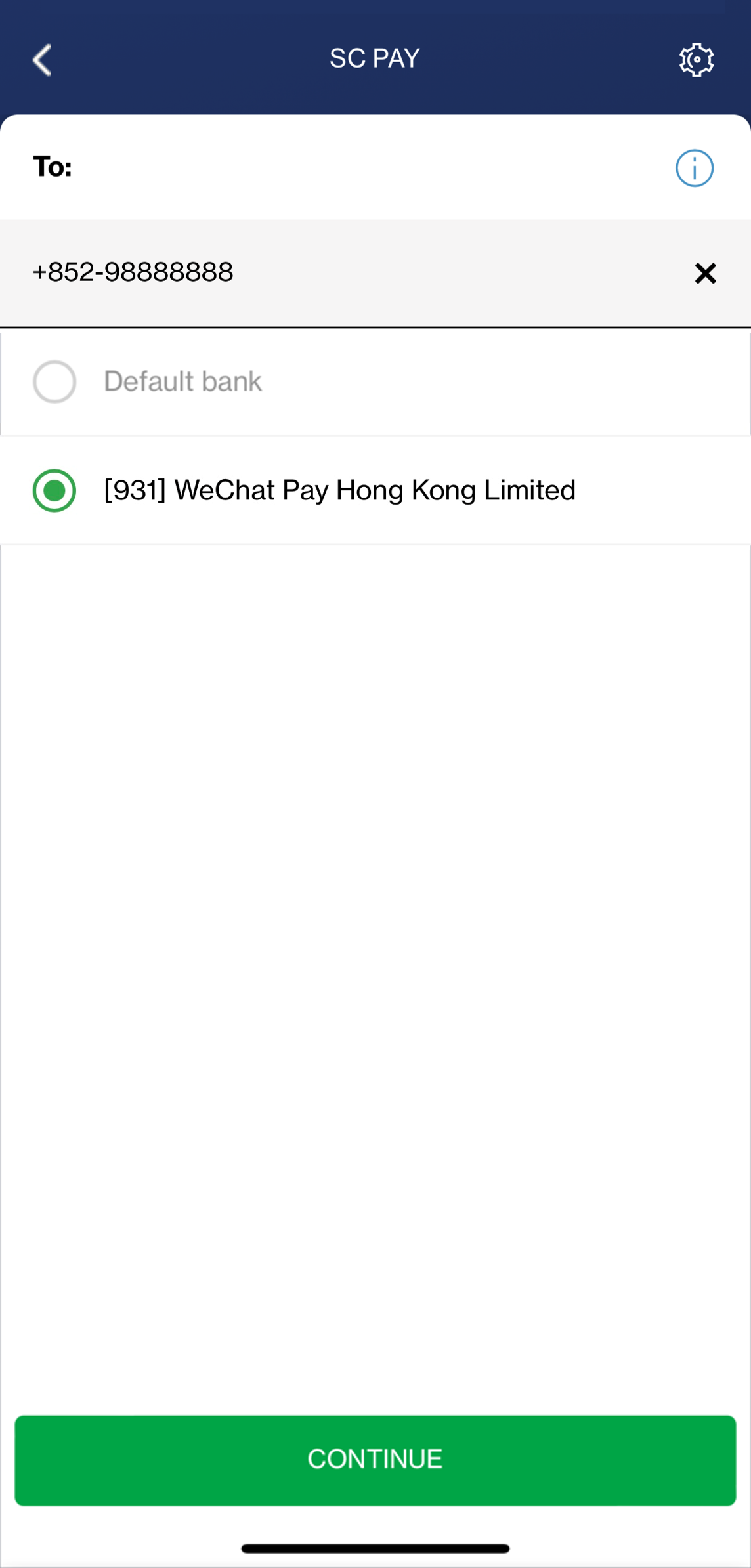 Input the FPS-registered Hong Kong mobile number with WeChat Pay HK as in Step 1. If WeChat Pay HK is the FPS default recipient, please choose “Default bank”. Otherwise, please select “Specific bank” then “[931] WeChat Pay Hong Kong Limited”.
