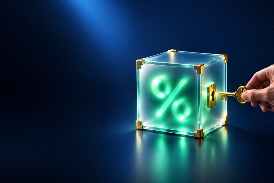 Inserting a key into a cube with a percent sign on it.