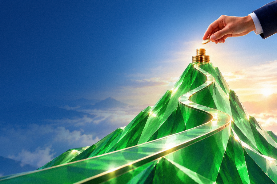A hand placing coins on a green mountain symbolizing investment growth and financial success.