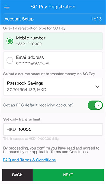 Register SC Pay (FPS) using mobile number or email address - Step 2