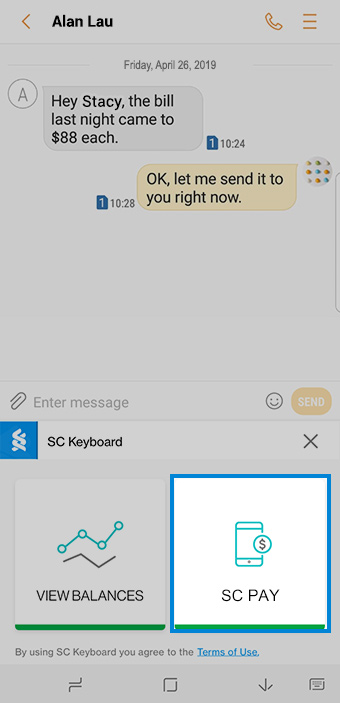 Select SC Pay in the SC Keyboard landing screen, botton on the right, to transfer money