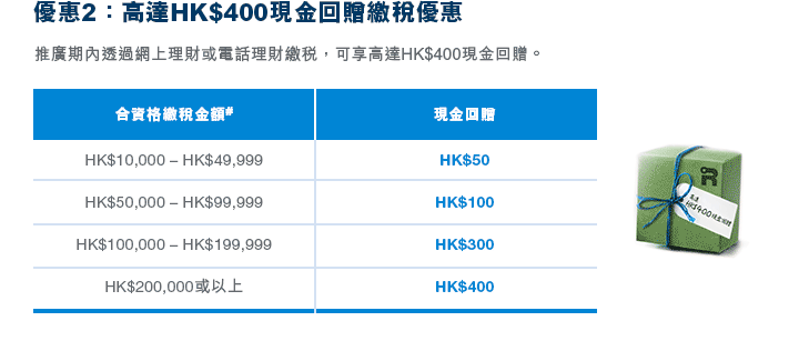 優惠2：高達HK$400現金回贈繳稅優惠