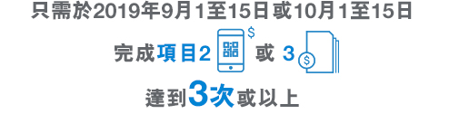 只需於2019年9月1至15日或10月1至15日完成項目2或3達到3次或以上