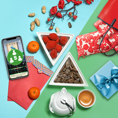 茶葉、鮮花等禮物和商品及顯示支付屏幕的手機