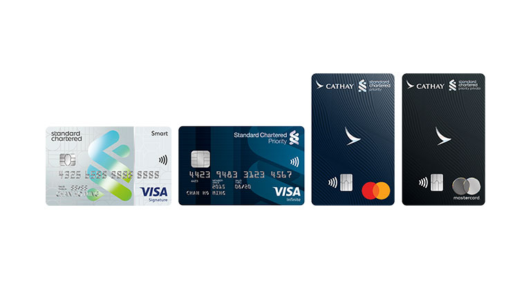 渣打Smart卡、國泰Mastercard及「優先理財」信用卡的卡面, 用於推廣渣打信用卡與半島酒店的優惠