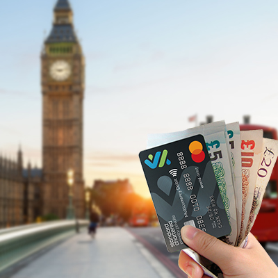 以倫敦街景為背景，手上拿著一張渣打多貨幣萬事達卡扣賬卡和外幣