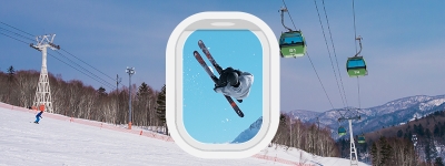 飛機的窗口及在雪山上滑雪