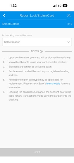 In report stolen card step