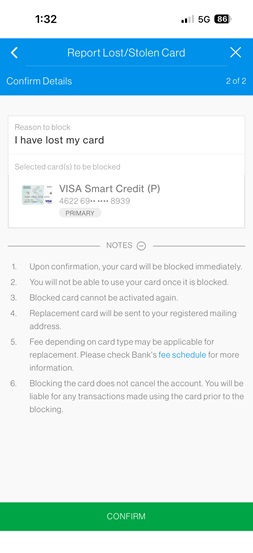 In report stolen card step