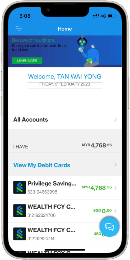 Login to your mobile banking and Tap on the chat bubble