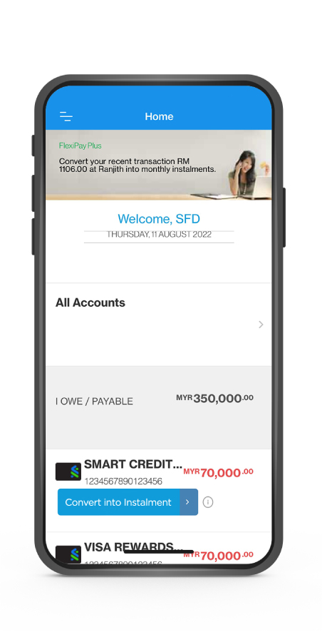 Instantly convert your credit card outstanding balance into flexible instalment plan via SC Mobile Banking App