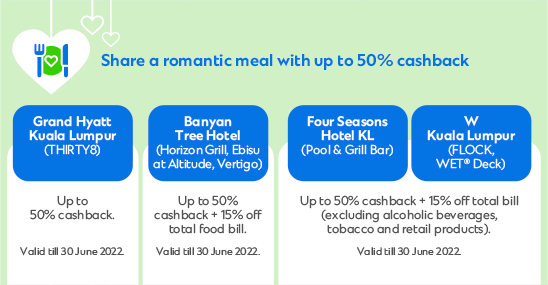 Share a romantic meal with up to 50% cashback | Grand Hyatt Kuala Lumpur (THIRTY8): Up to 50% cashback. - Valid till 30 June 2022. |  Banyan Tree Hotel (Horizon Grill, Ebisu at Altitude, Vertigo): Up to 50% cashback + 15% off total food bill. - Valid till 30 June 2022. | Four Seasons Hotel KL (Pool & Grill Bar), W Kuala Lumpur (FLOCK, WET® Deck): Up to 50% cashback + 15% off total bill (excluding alcoholic beverages, tobacco and retail products). - Valid till 30 June 2022.