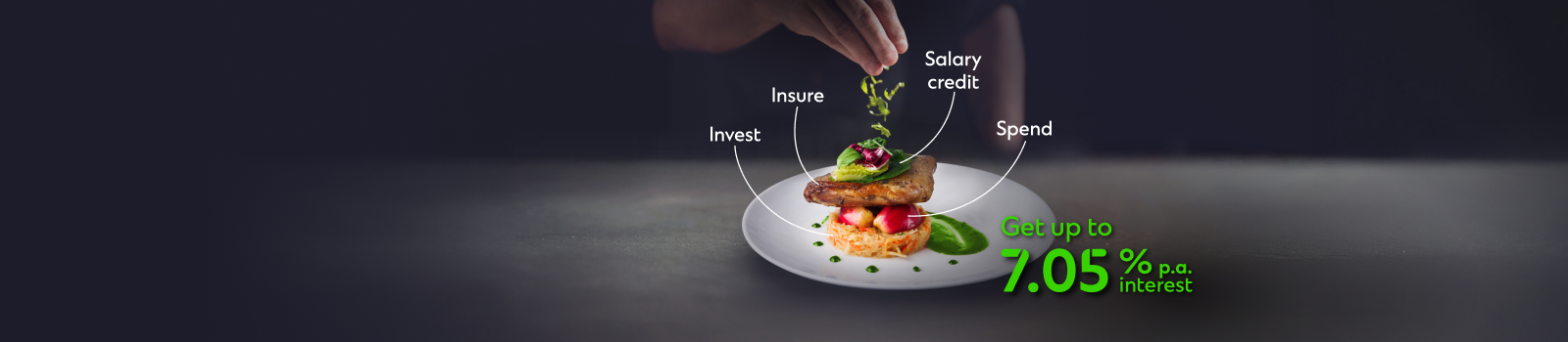 invest, insure, salary credit, spend, get up to 7.05% p.a interest