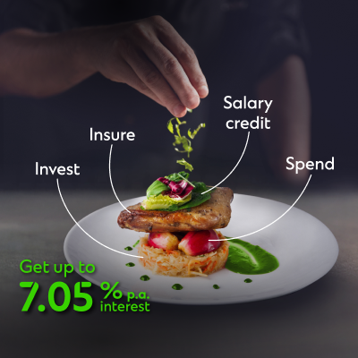 invest, insure, salary credit, spend, get up to 7.05% p.a interest
