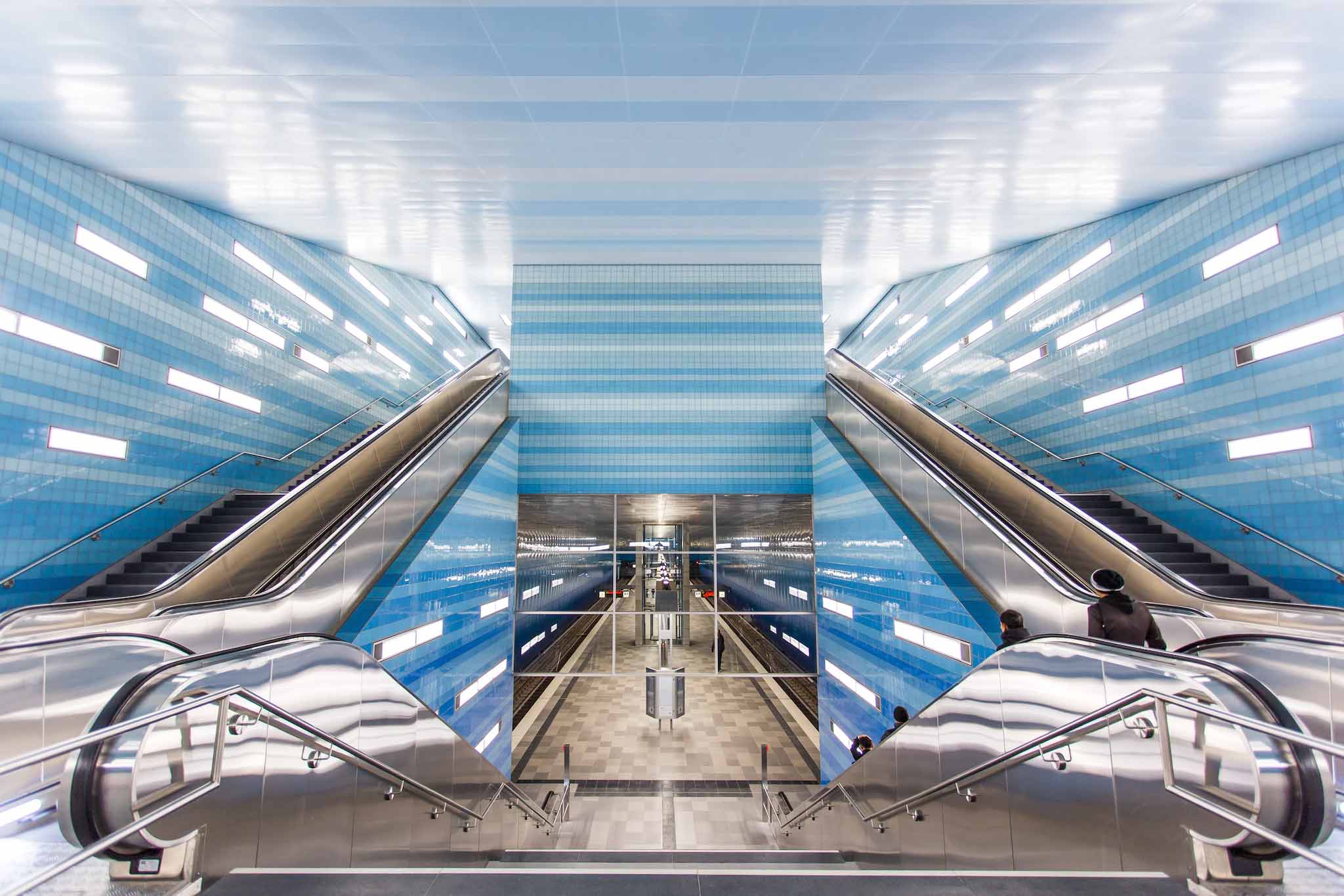 Abstract escalator mirror blue