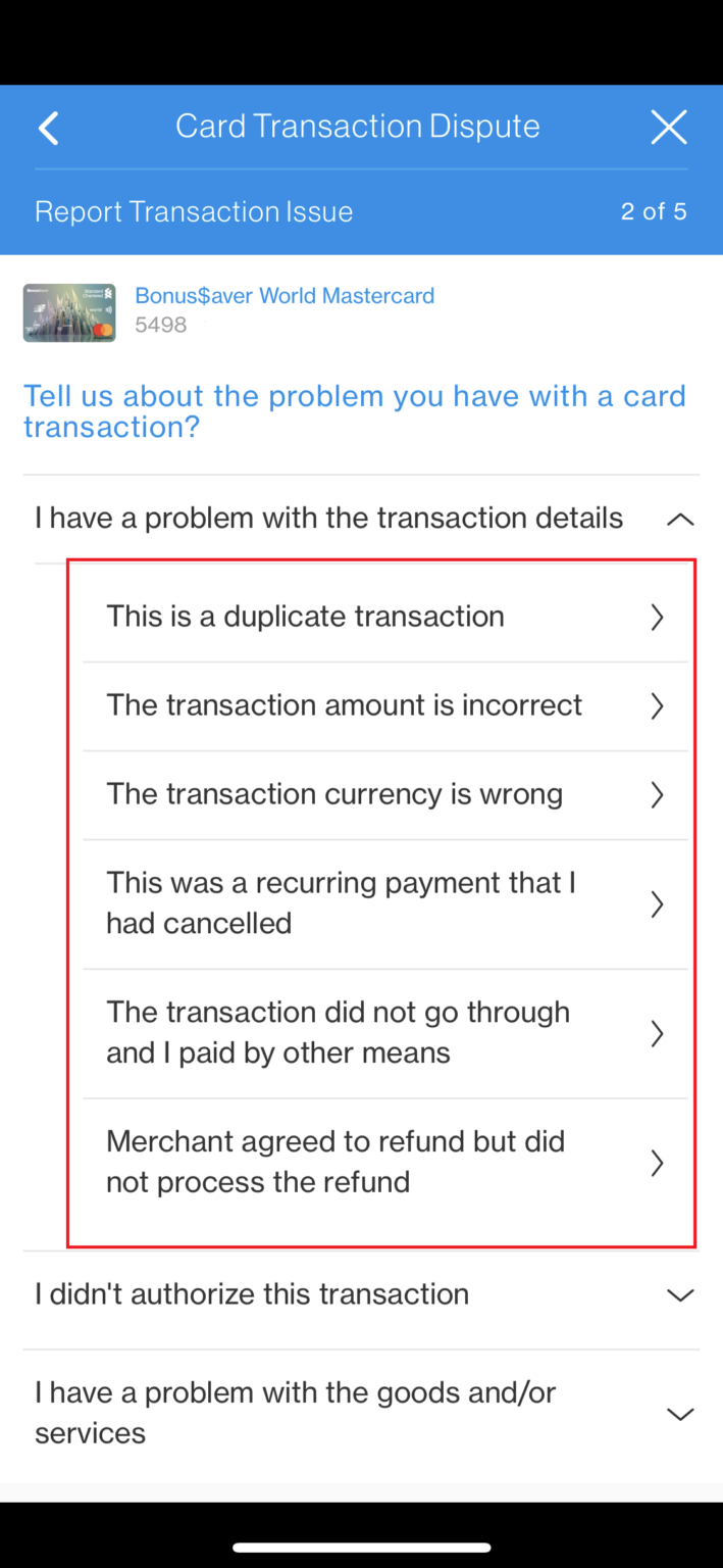 Error in transaction details Standard Chartered Singapore